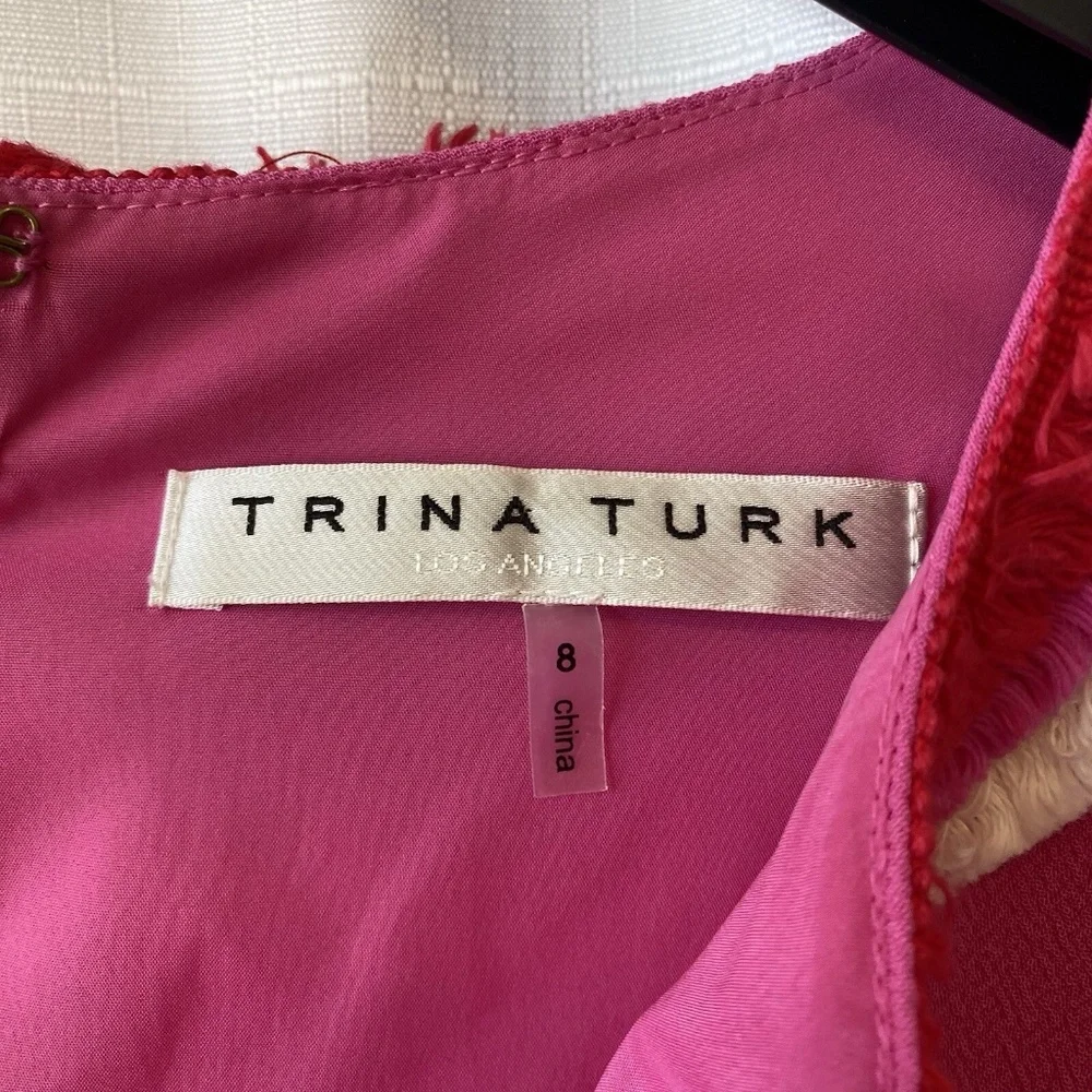 Trina Turk Pink Short Sleeve V-Neck Shift Dress Orange And White Fringe Sz 8 - Picture 5 of 14